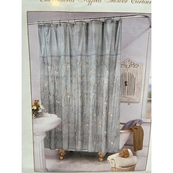 Royal Accent Embroidered Taffeta Shower Curtain 70”x72” Floral Blue - Picture 3 of 6